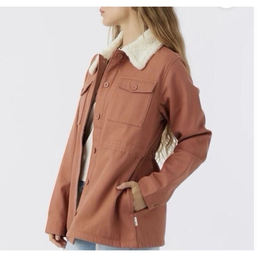 Hang‎ Ten Sherpa Lined Jacket Women M Button Front Utility Coat Salmon Rust Tan